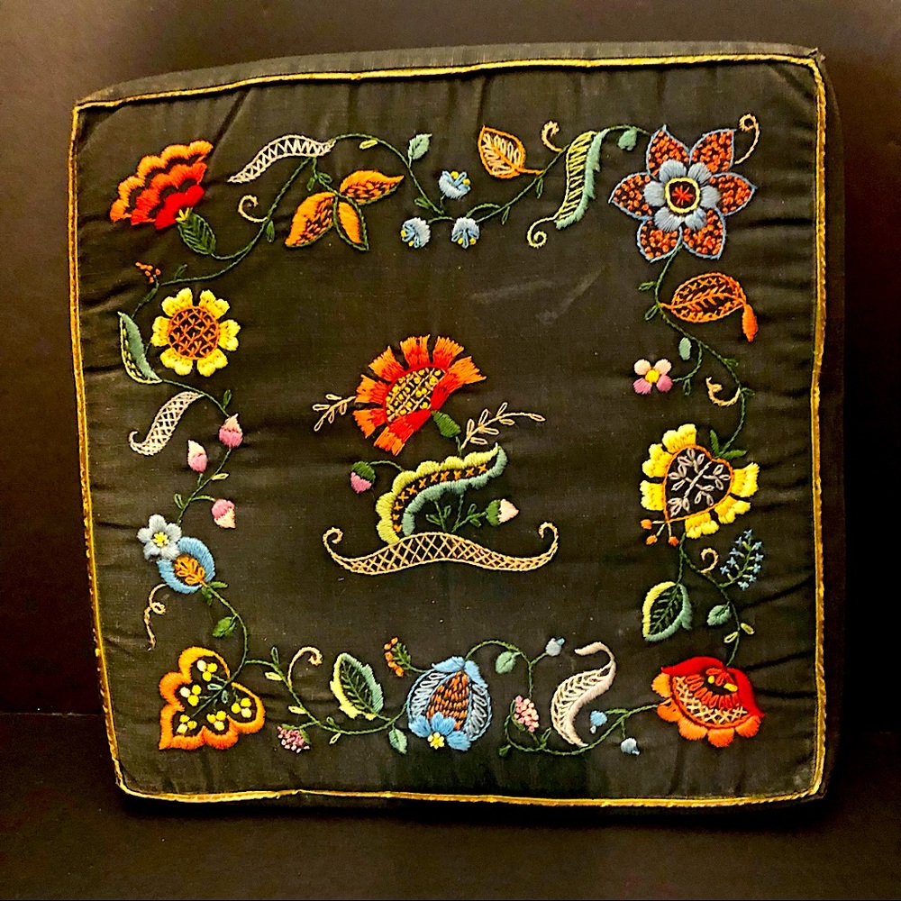 Antique Hand Embroidered, Crewel Pillow Cushion floral details, bright colors